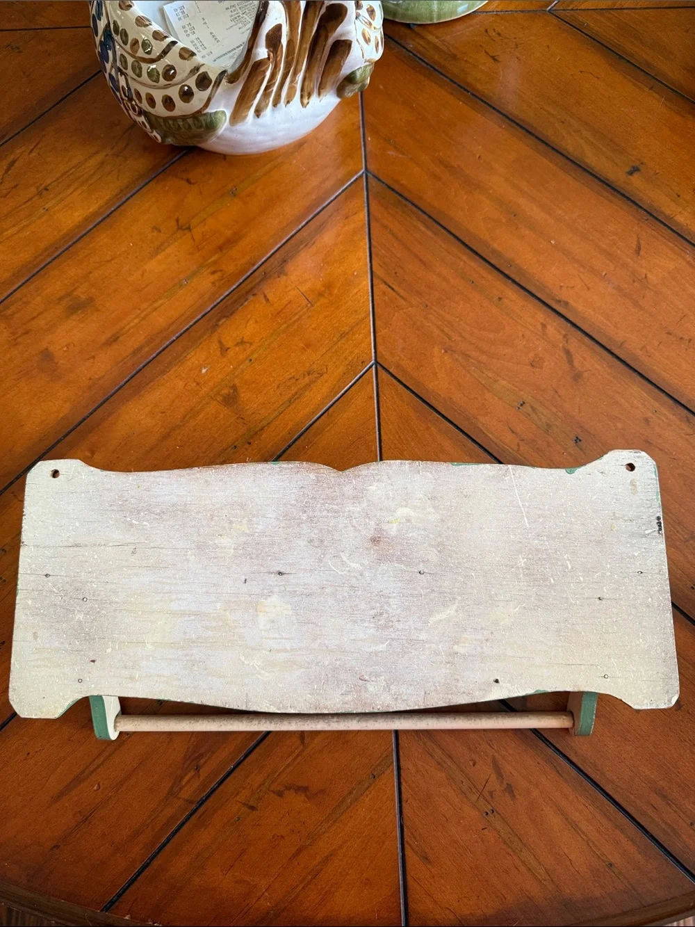 Antique 1930’s Cream Wall Shelf with Green Trim and Floral Motifs